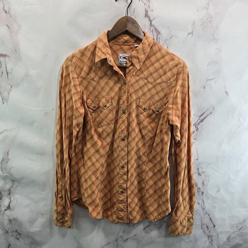 Roper Shirt Womens Medium Orange Button Up Aztec Southwest Vintage Plaid Snap